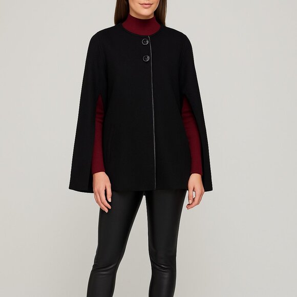 NWT Nine West Equestrian Style Cape Poncho With Leather Trim and Pockets - Picture 2 of 10